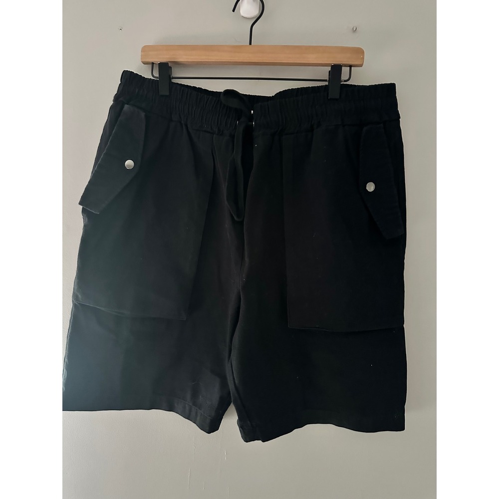OAK Men's Black Cargo 100%‎ cotton Shorts Elastic Waist Drawstring Pockets XL